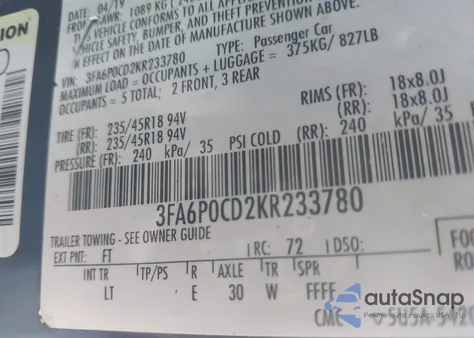 2019 Ford Fusion Sel from USA, damaged, VIN 3FA6P0CD2KR233780